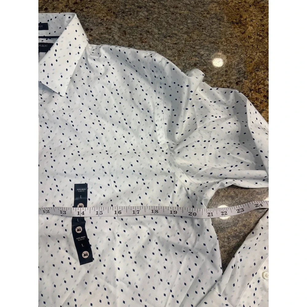 NWT Banana Republic Mens Slim Fit Non-Iron Shirt White Blue Geometric Diamond L